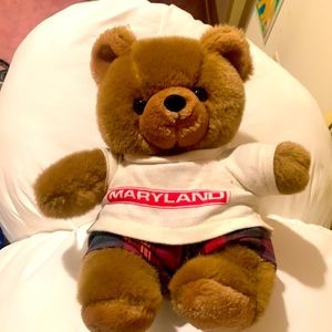 Brown teddy bear with a Maryland t-shirt